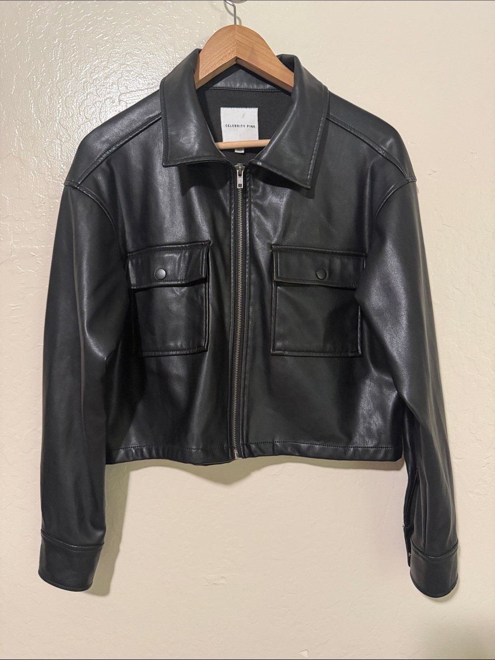 Celebrity Pink Black Faux Leather Zip-Front Jacket Cropped Moto Cargo Size XS